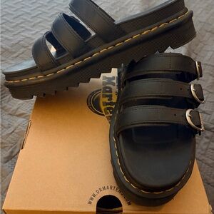 Dr. Martens Blaire Slide Triple-Strap Platform Sandals with Yellow Stitching